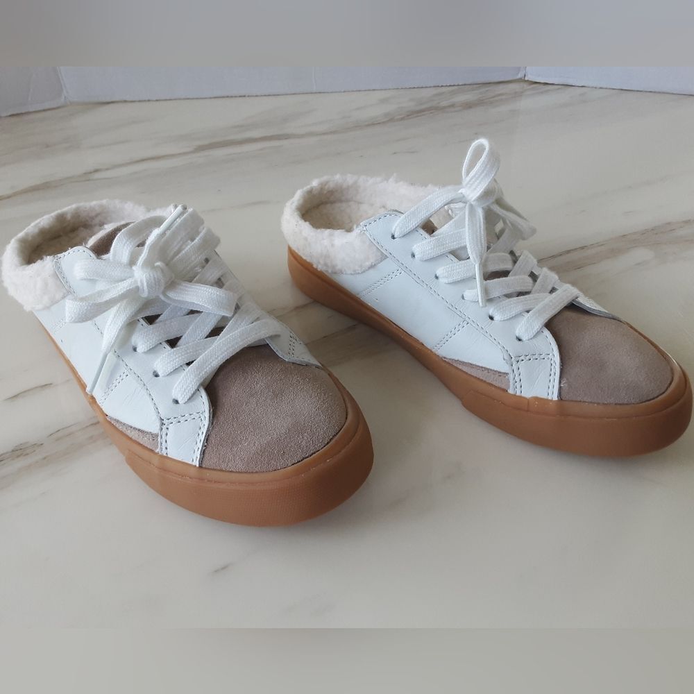 MARC FISHER LTD Miranda Ivory|Tan Leather Faux Fur Mule Sneakers Sz 5.5
